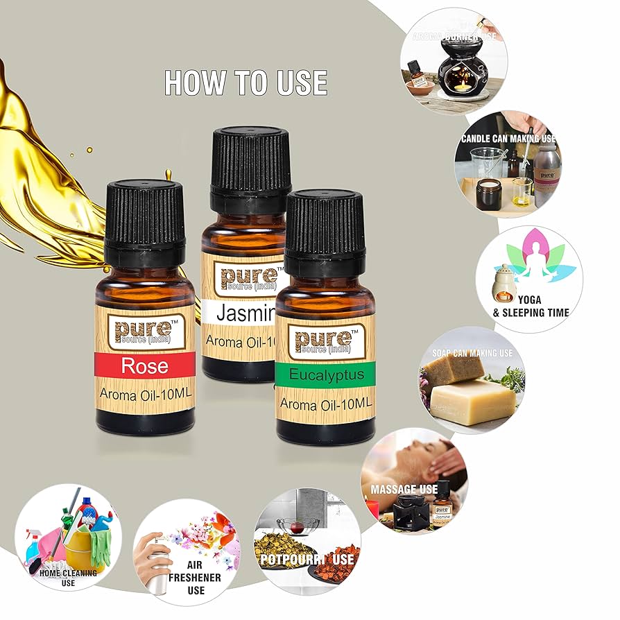 Pure Source India Aroma Essential Oils 9 Fragrances In 1 Pack, 10 Ml Each, (Fragrances: Lemon Grass, Lavender, Jasmine, Rose, Citronella,