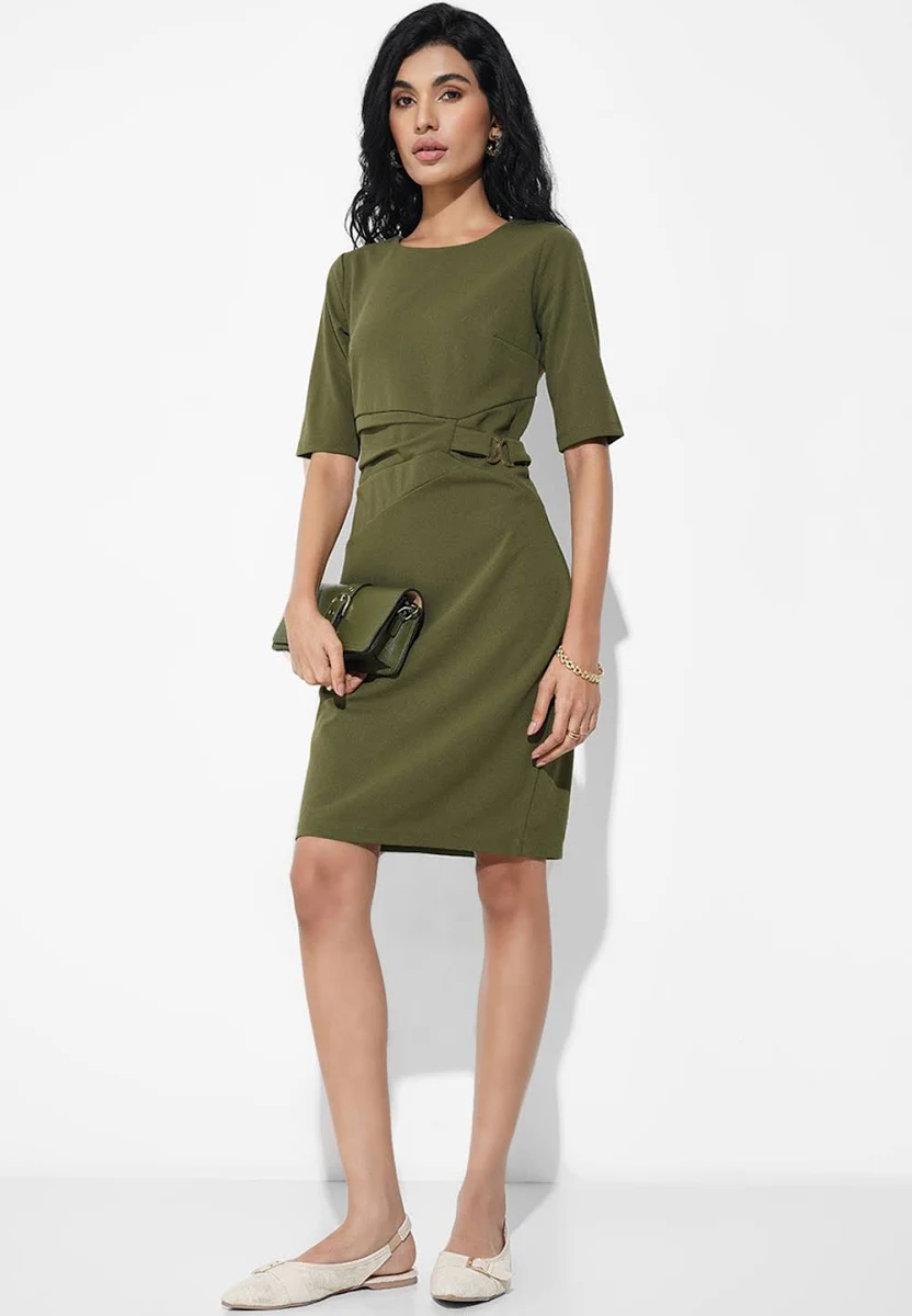 Annabelle Olive Solid Bodycon Dress with Waist Detail