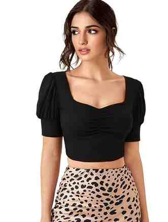 Istyle Can black color Sweetheart Neck Ruched Front Puff Sleeve Half Sleeve Stretchable for women size S