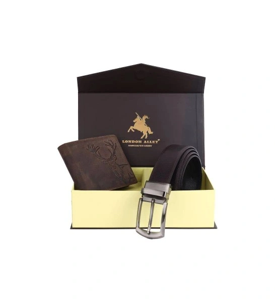 LONDON ALLEY ELK Vintage Black Leather Wallet and Reversible Belt Combo