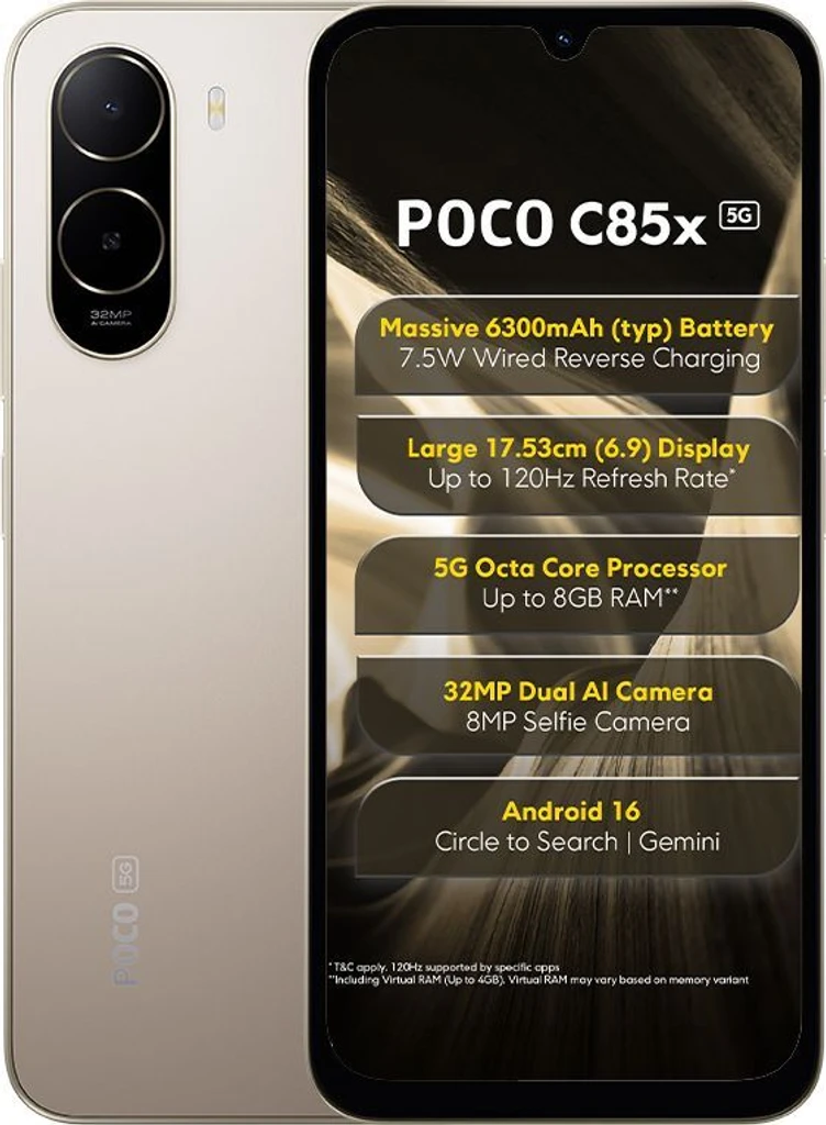 POCO C85x 5G Smartphone, Sunset Gold, 6.9 Inch Display, 32MP Dual AI Camera, 6300mAh Battery, 64GB Storage